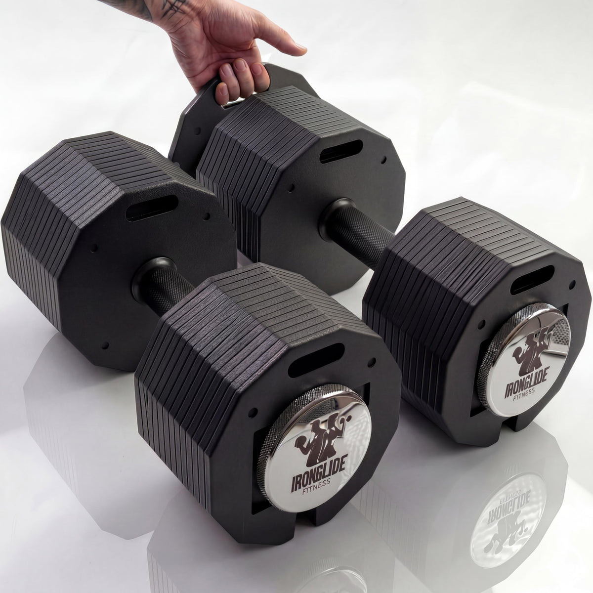 IRONGLIDE Adjustable Dumbbells Set, Quick-Glide Dumbbell System, Home Gym Weights, Fitness, Premium Solid Steel, 4-57 kg x2 (PAIR)