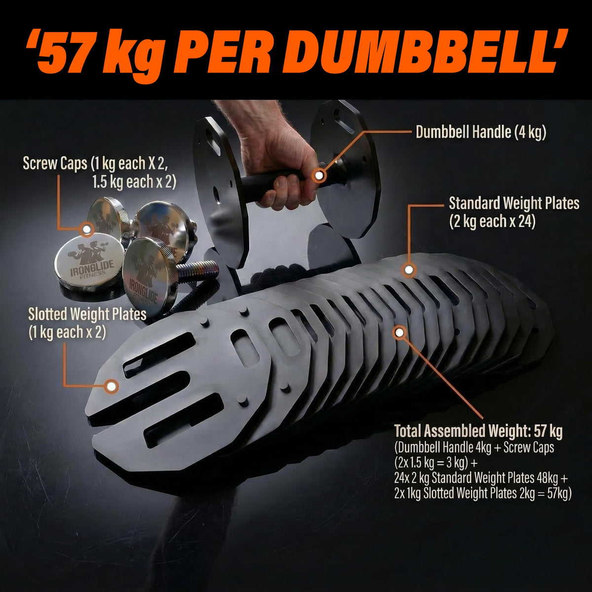 IRONGLIDE Adjustable Dumbbells Set, Quick-Glide Dumbbell System, Home Gym Weights, Fitness, Premium Solid Steel, 4-57 kg x2 (PAIR)
