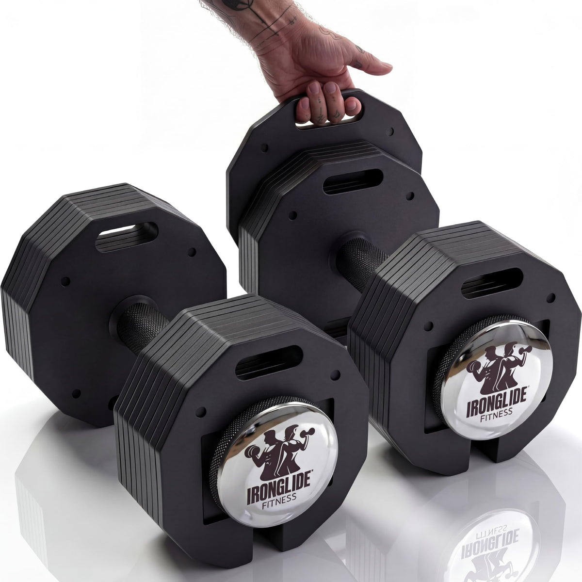 IRONGLIDE Adjustable Dumbbells Set, Quick-Glide Dumbbell System, Home Gym Weights, Fitness, Premium Solid Steel, 4-57 kg x2 (PAIR)
