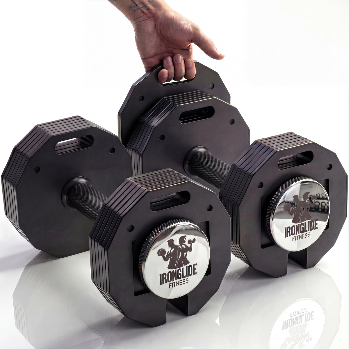 IRONGLIDE Adjustable Dumbbells Set, Quick-Glide Dumbbell System, Home Gym Weights, Fitness, Premium Solid Steel, 4-57 kg x2 (PAIR)