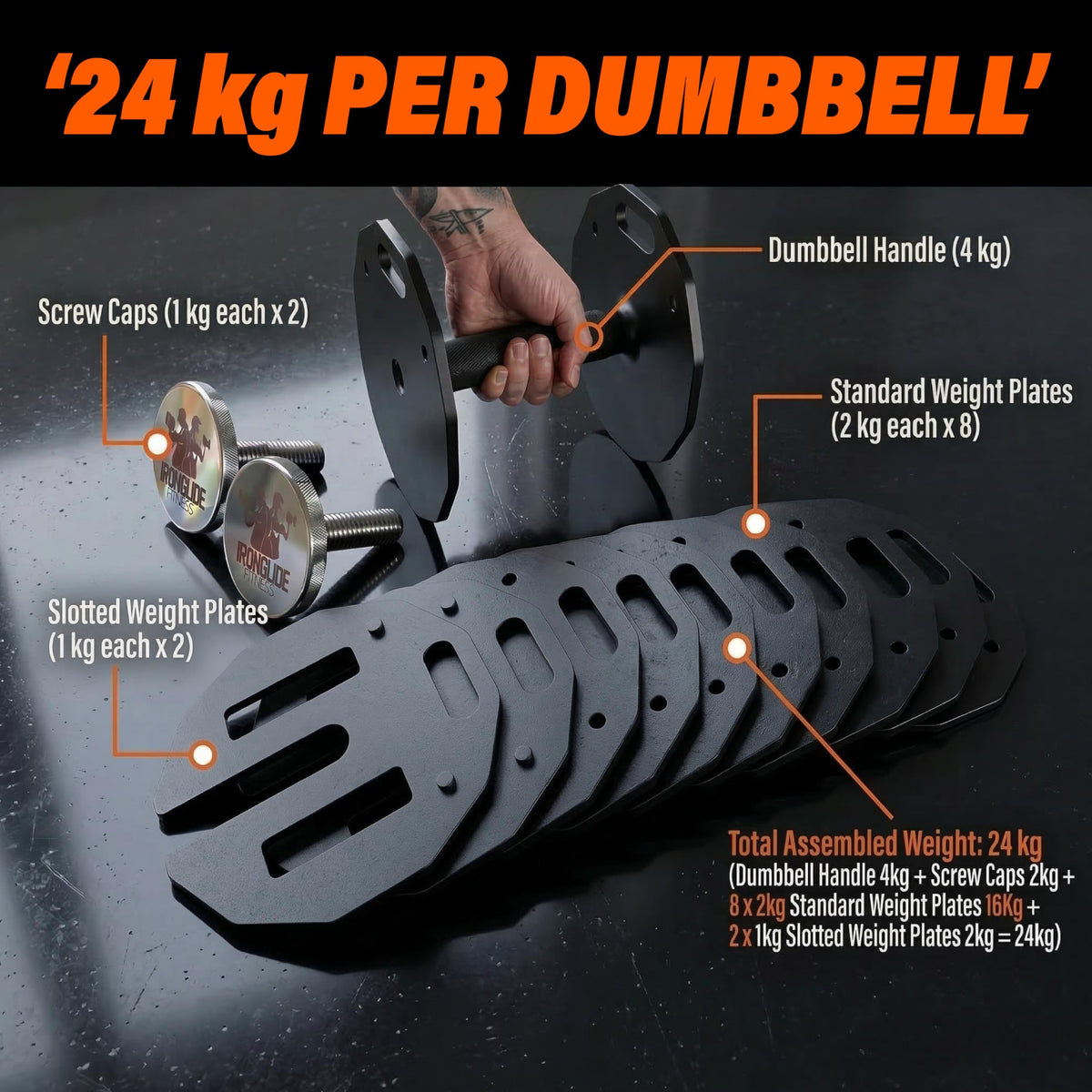 IRONGLIDE Adjustable Dumbbells Set, Quick-Glide Dumbbell System, Home Gym Weights, Fitness, Premium Solid Steel, 4-57 kg x2 (PAIR)